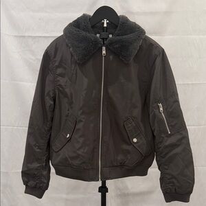 H&M Gray Bomber Jacket with Faux Fur Collar
